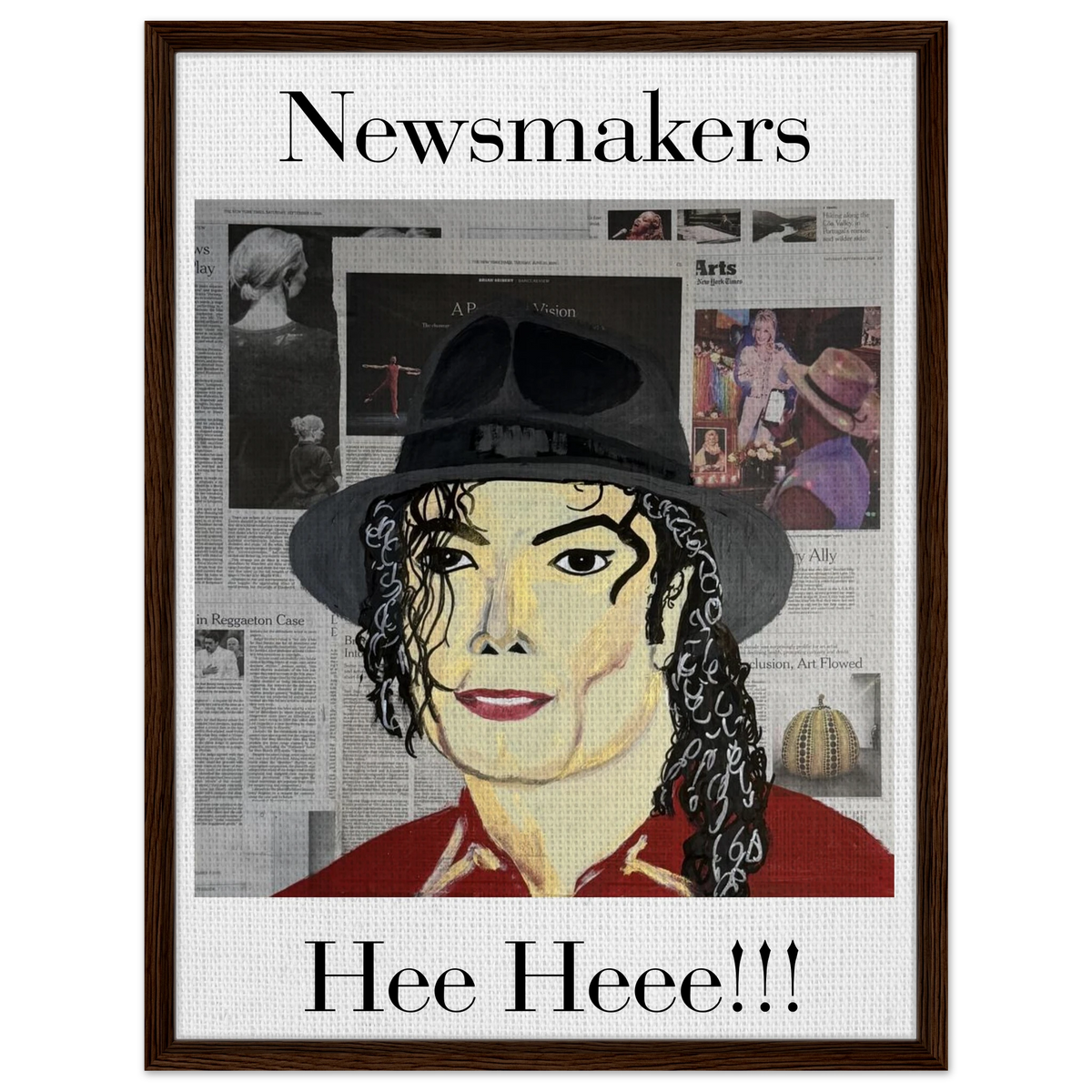 Framed 24 × 32 in. Johnny X 'Hee Heee!!!' canvas: Michael Jackson portrait layered over newspaper textures