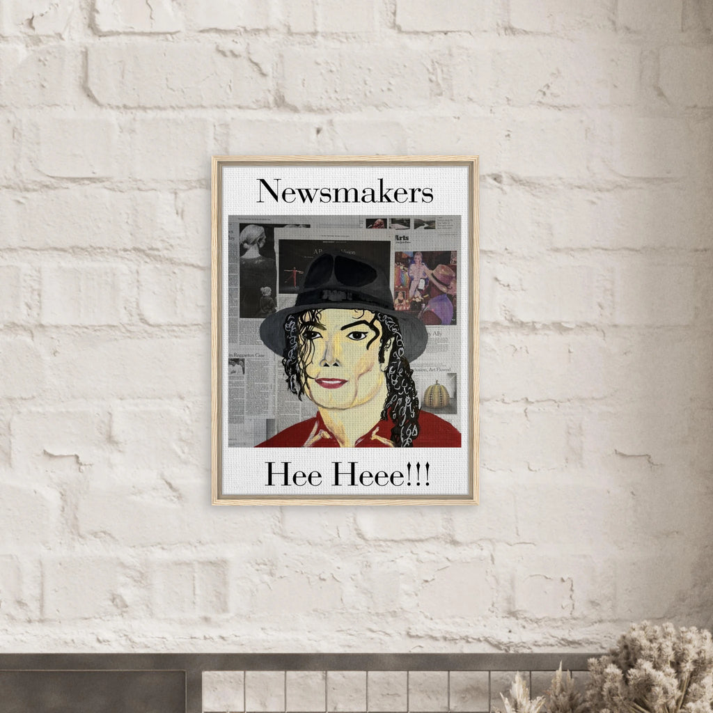 Framed 24 × 32 in. Johnny X 'Hee Heee!!!' canvas: Michael Jackson portrait layered over newspaper textures