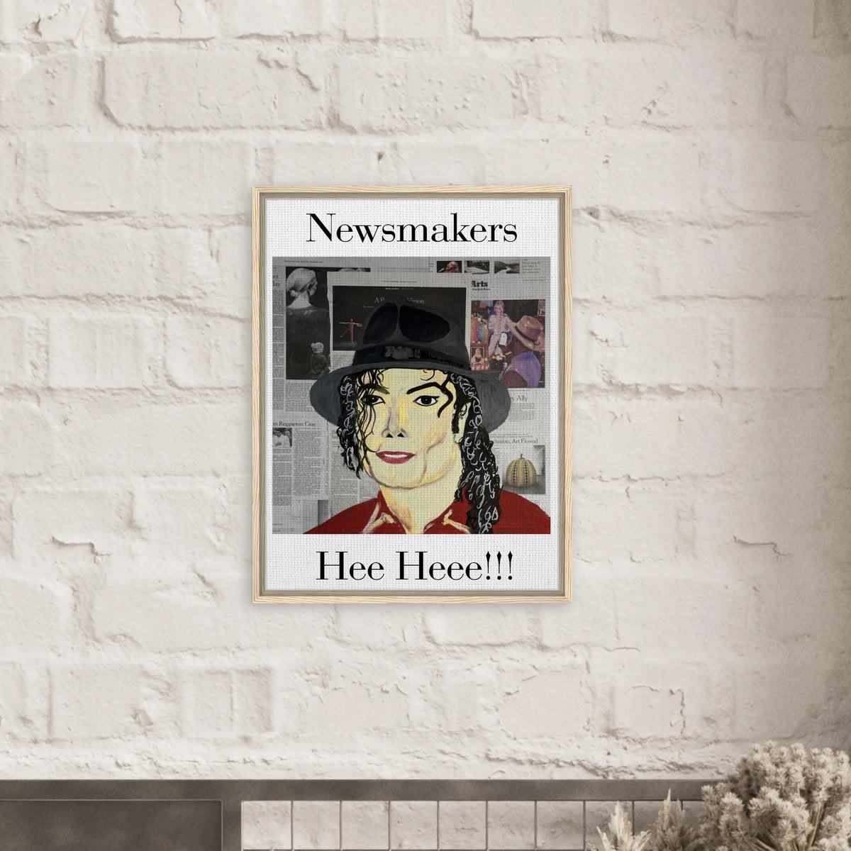 Framed 24 × 32 in. Johnny X 'Hee Heee!!!' canvas: Michael Jackson portrait layered over newspaper textures