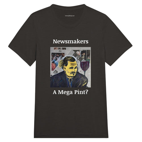 Unisex triblend crewneck T-shirt with Johnny X's mixed-media 'Newsmakers – A Mega Pint?' portrait layered over vintage newspaper clippings