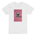 Heavyweight unisex tee printed with Johnny X’s Skull and Roses: gray skull on a pink field, one eye a black heart and one a red rose