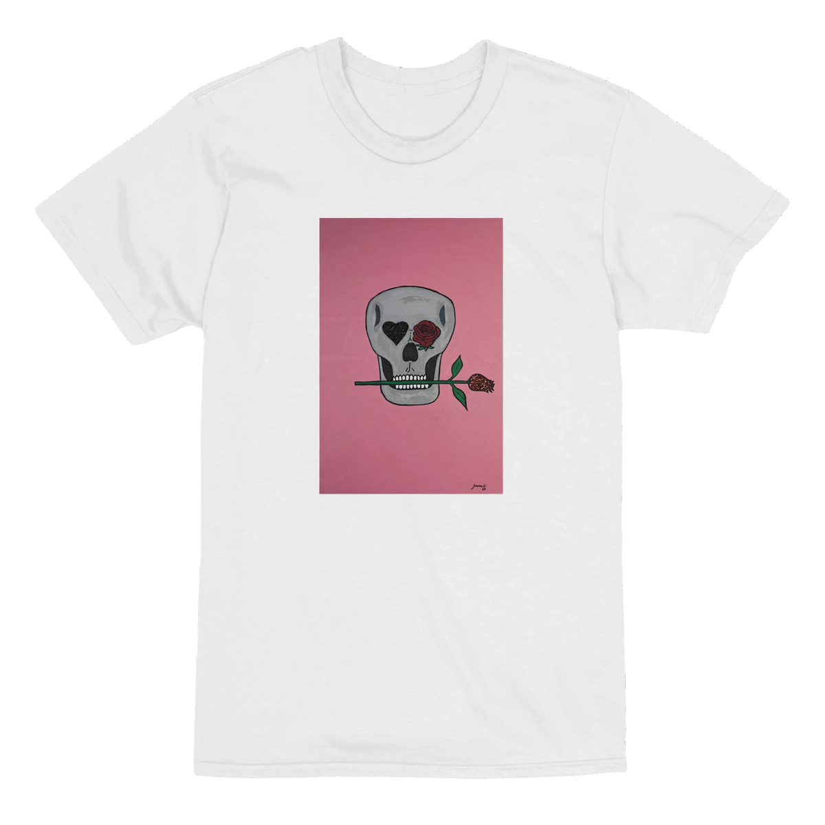 Heavyweight unisex tee printed with Johnny X’s Skull and Roses: gray skull on a pink field, one eye a black heart and one a red rose