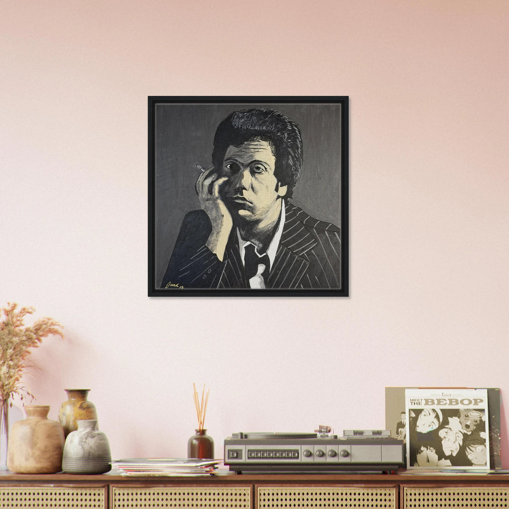 Monochromatic portrait of Billy Joel in black, white and gray on a 24×24 in framed canvas reproduction