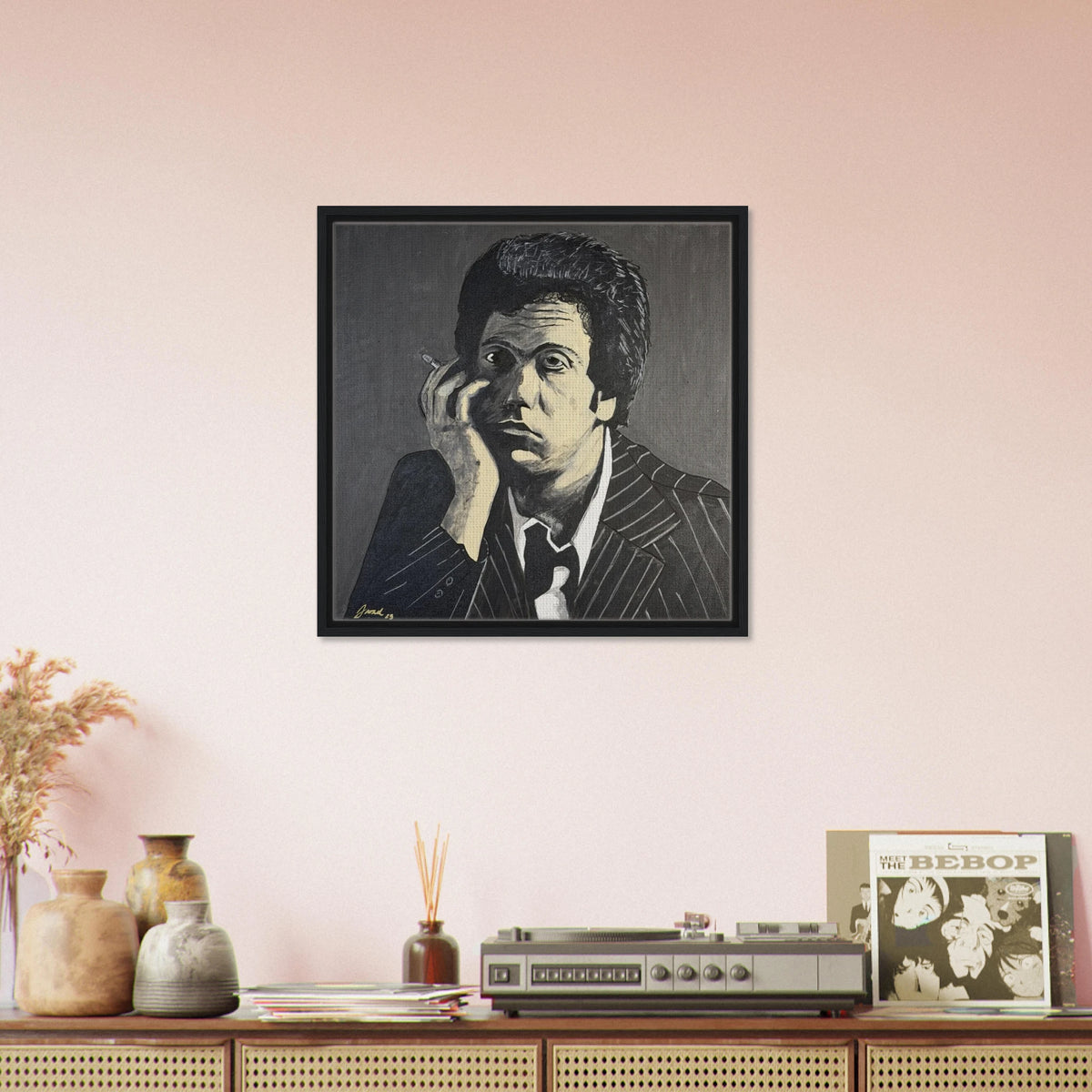 Monochromatic portrait of Billy Joel in black, white and gray on a 24×24 in framed canvas reproduction