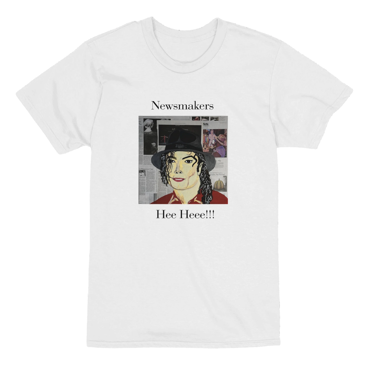Heavyweight unisex tee featuring Johnny X's Newsmakers — Hee Heee!!! portrait of Michael Jackson over newspaper layers