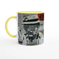 11 oz ceramic mug with Johnny X’s Newsmakers — Gonzo Journalism artwork: Thompson on newspaper pages in black, white and gold