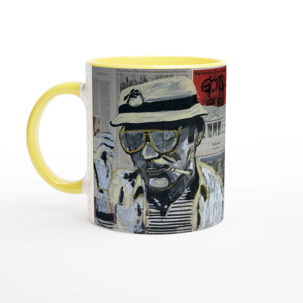 11 oz ceramic mug with Johnny X’s Newsmakers — Gonzo Journalism artwork: Thompson on newspaper pages in black, white and gold