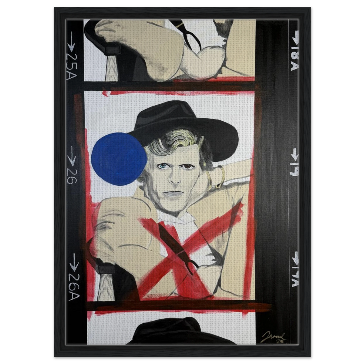 Terry O’Neill Bowie by Johnny X, an early-period artwork reinterpreting an iconic Terry O’Neill photograph of David Bowie within an oversized film-strip composition, featuring black photographic borders, a bold red X across Bowie, and a vivid blue circle.