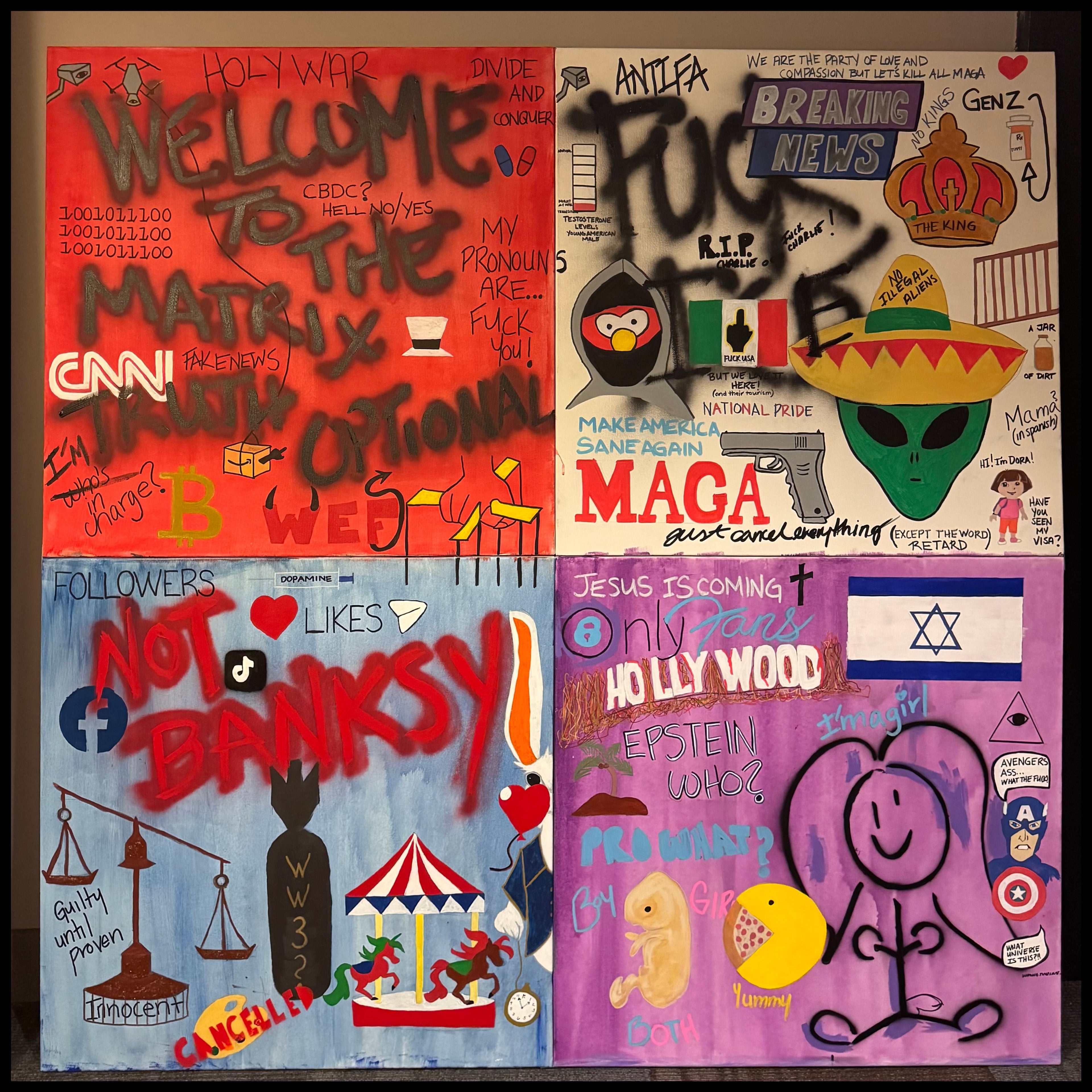 Johnny X’s Welcome to the Circus, a 60 × 60-inch four-panel contemporary artwork in red, white, blue, and purple, layered with expressive text, symbols, cultural imagery, and social commentary exploring modern American life.