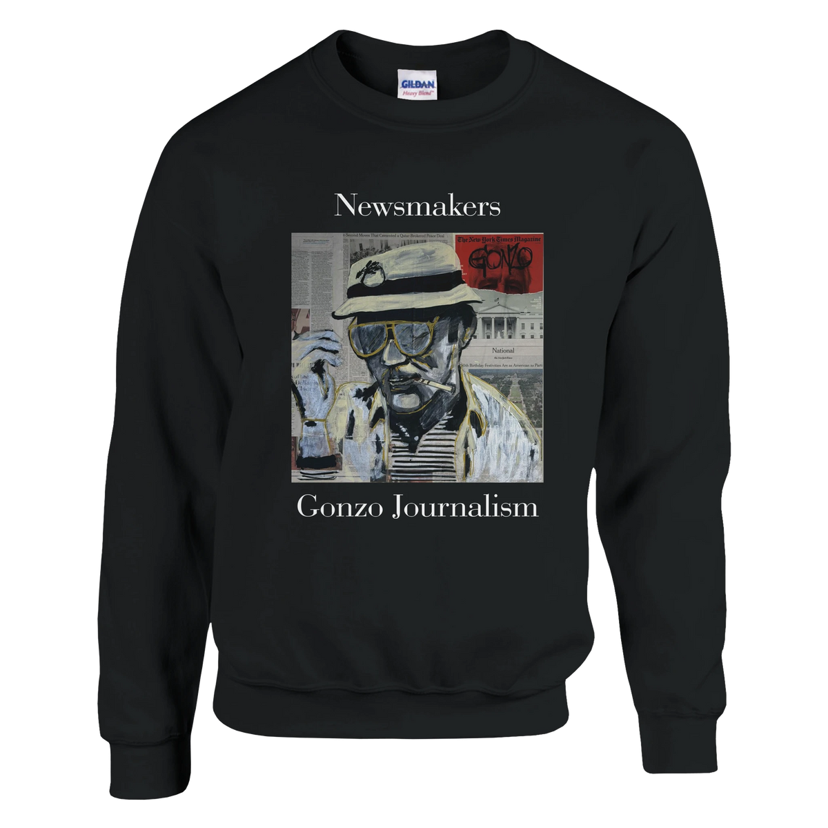Classic heavy-blend crewneck sweatshirt printed with Johnny X’s Newsmakers — Gonzo Journalism portrait over newspaper pages in black, white and gold.