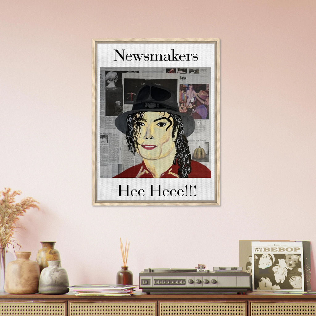 Framed 24 × 32 in. Johnny X 'Hee Heee!!!' canvas: Michael Jackson portrait layered over newspaper textures