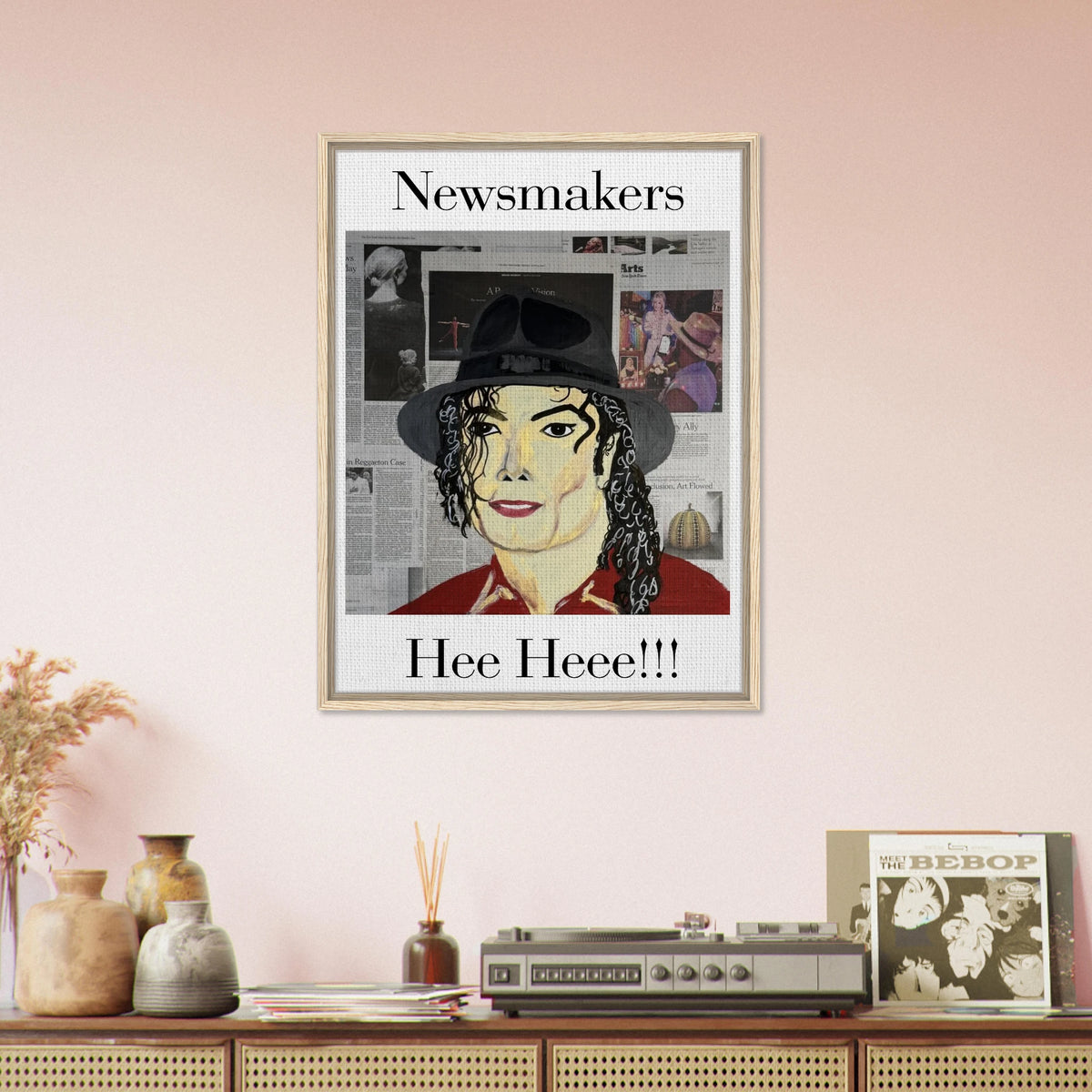 Framed 24 × 32 in. Johnny X 'Hee Heee!!!' canvas: Michael Jackson portrait layered over newspaper textures