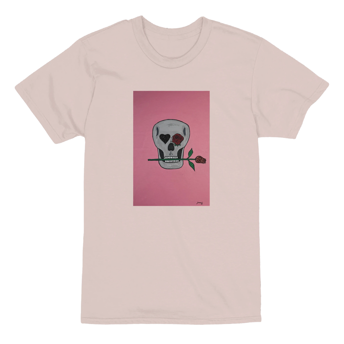 Heavyweight unisex tee printed with Johnny X’s Skull and Roses: gray skull on a pink field, one eye a black heart and one a red rose