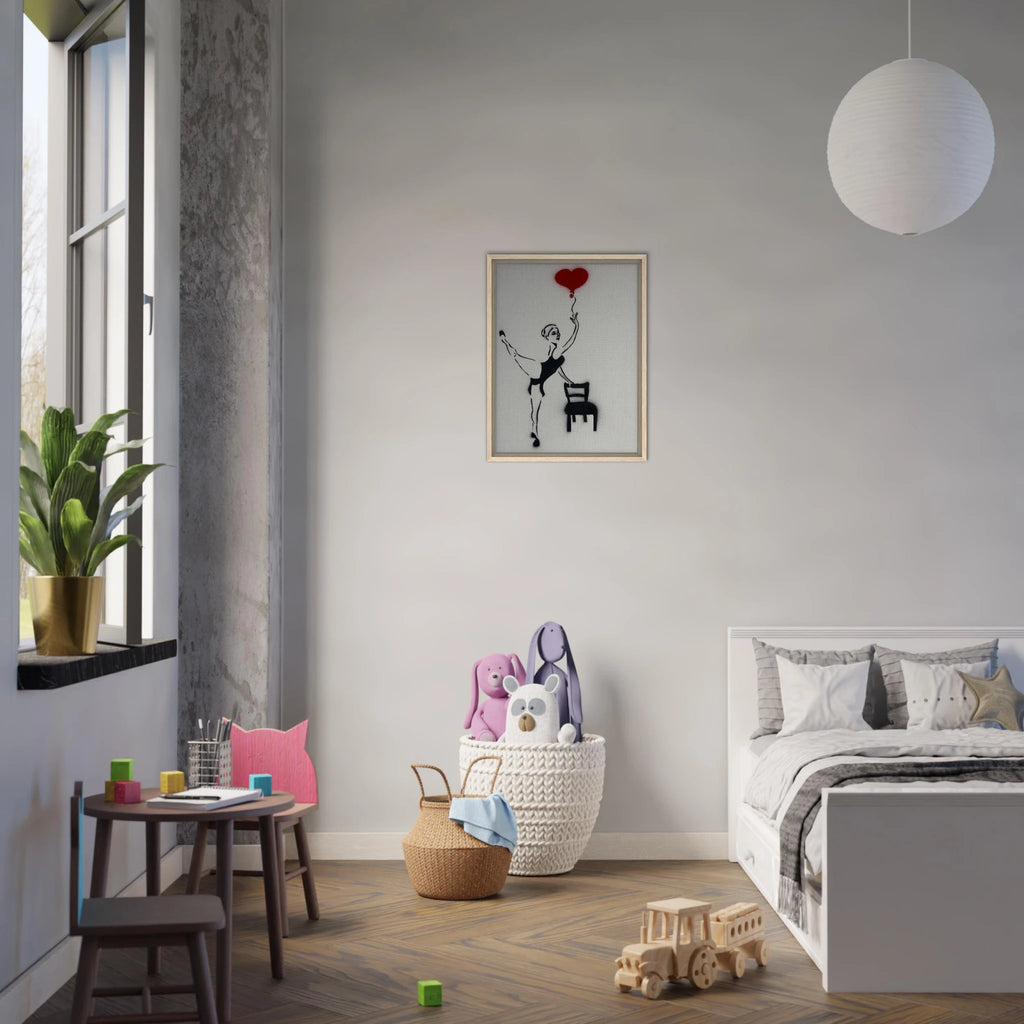 Framed 18×24 canvas reproduction of Balloon of Love: girl on one foot, empty chair, red heart balloon tied to her fingertips.