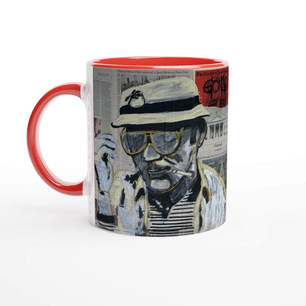 11 oz ceramic mug with Johnny X’s Newsmakers — Gonzo Journalism artwork: Thompson on newspaper pages in black, white and gold