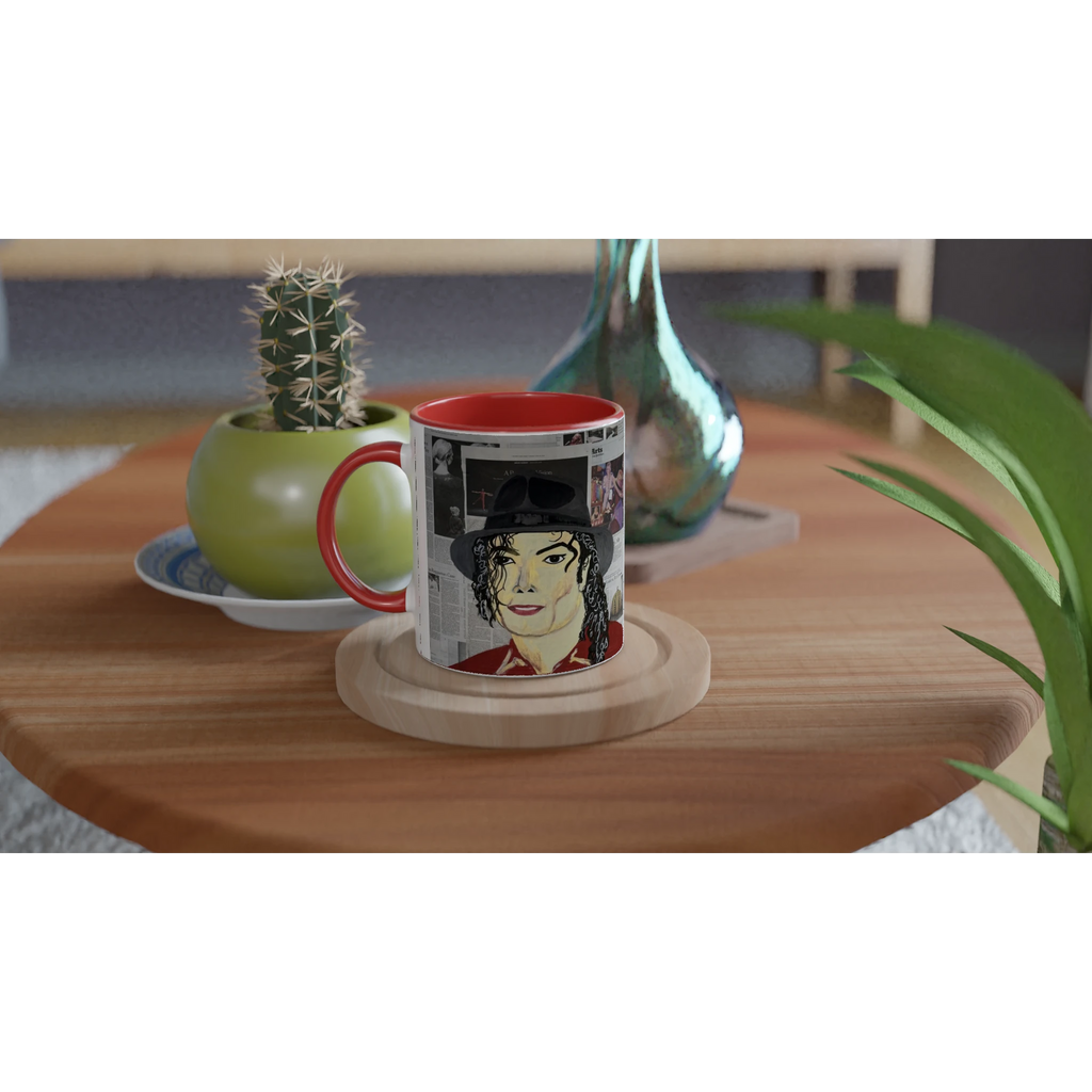 Glossy 11 oz ceramic art mug with Johnny X's Newsmakers — Hee Heee!!! portrait of Michael Jackson over layered newspaper background