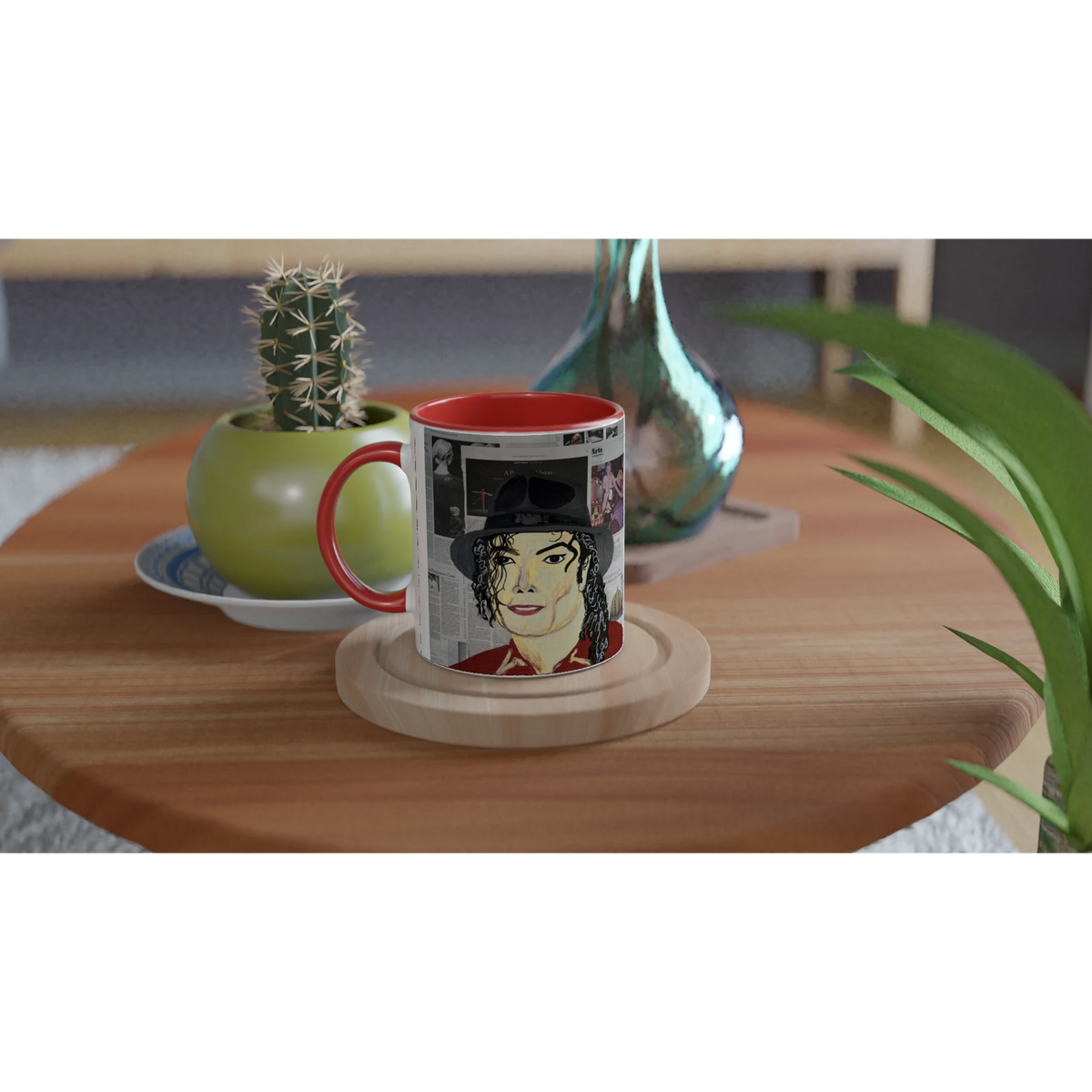 Glossy 11 oz ceramic art mug with Johnny X's Newsmakers — Hee Heee!!! portrait of Michael Jackson over layered newspaper background