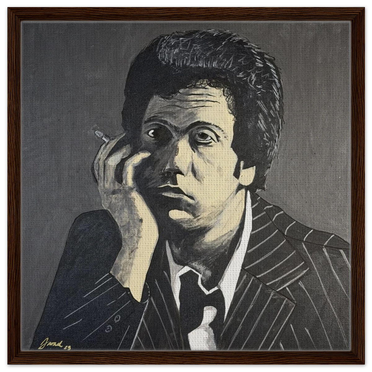 Monochromatic portrait of Billy Joel in black, white and gray on a 24×24 in framed canvas reproduction