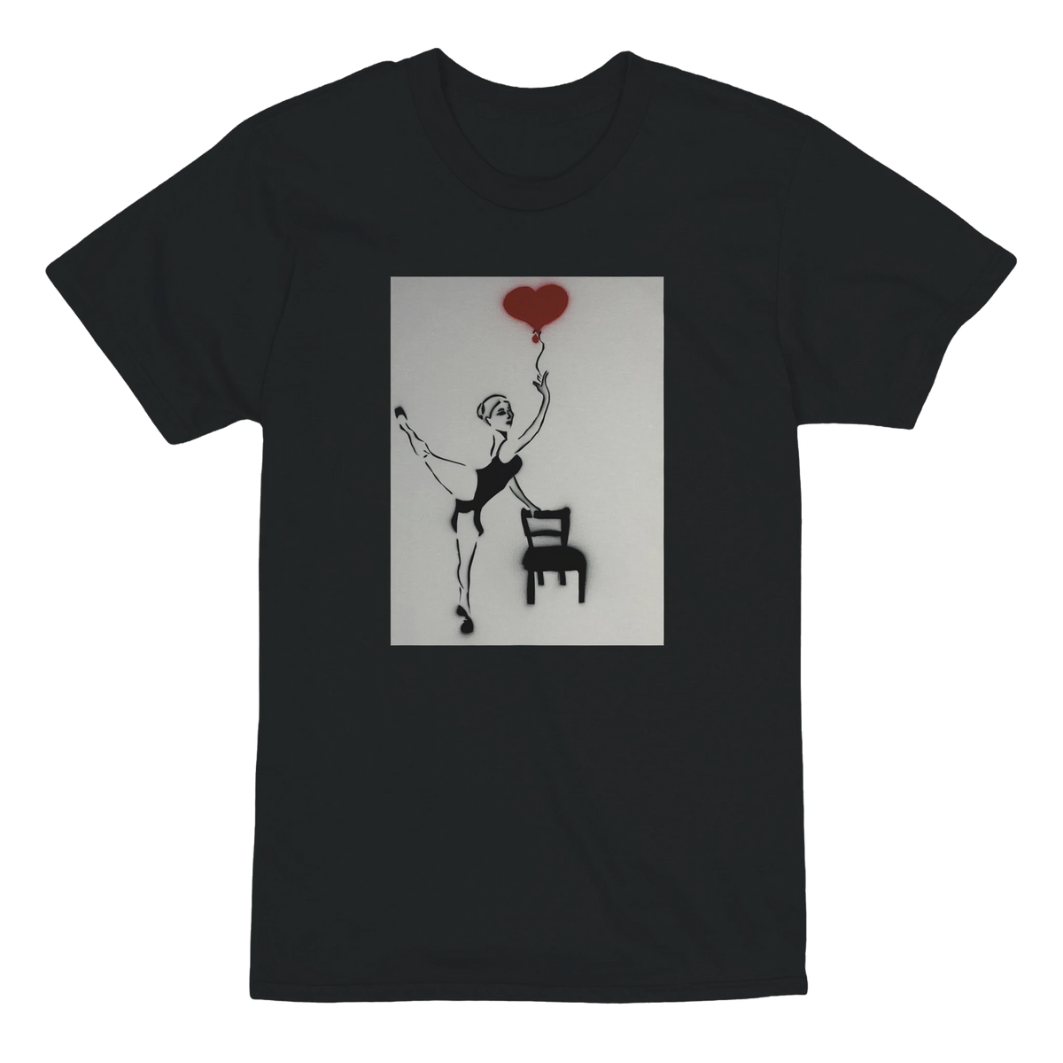 Heavyweight unisex tee printed with Johnny X’s Balloon of Love: a ballerina by an empty chair and a red heart balloon