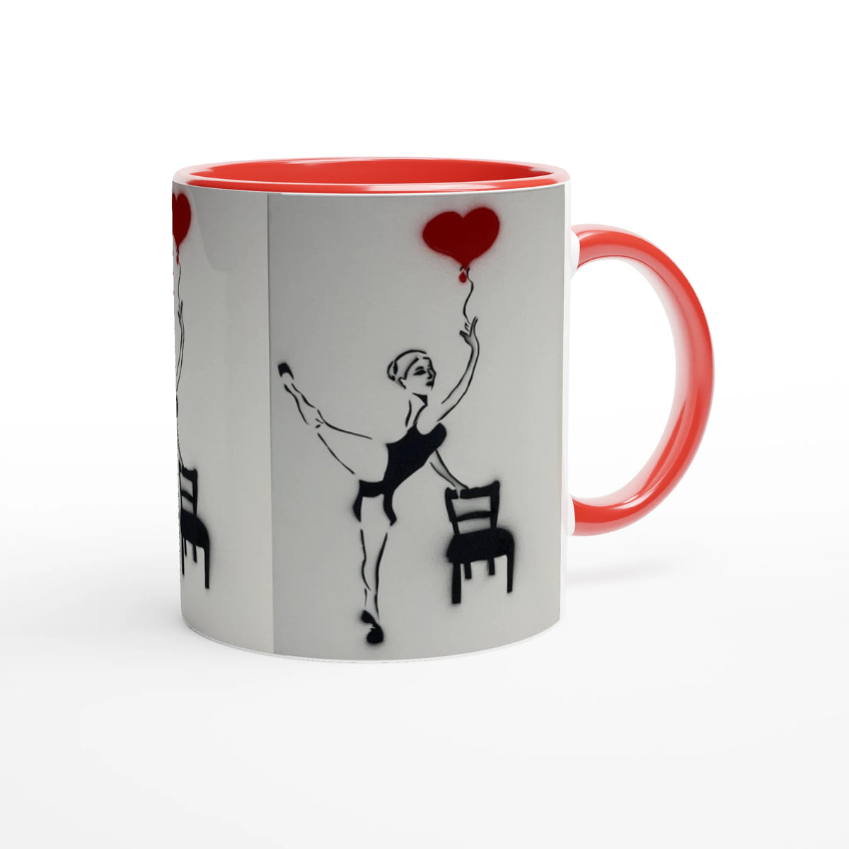 Glossy ceramic art mug showing Johnny X’s Balloon of Love: a daughter reaching for a red heart balloon beside an empty chair