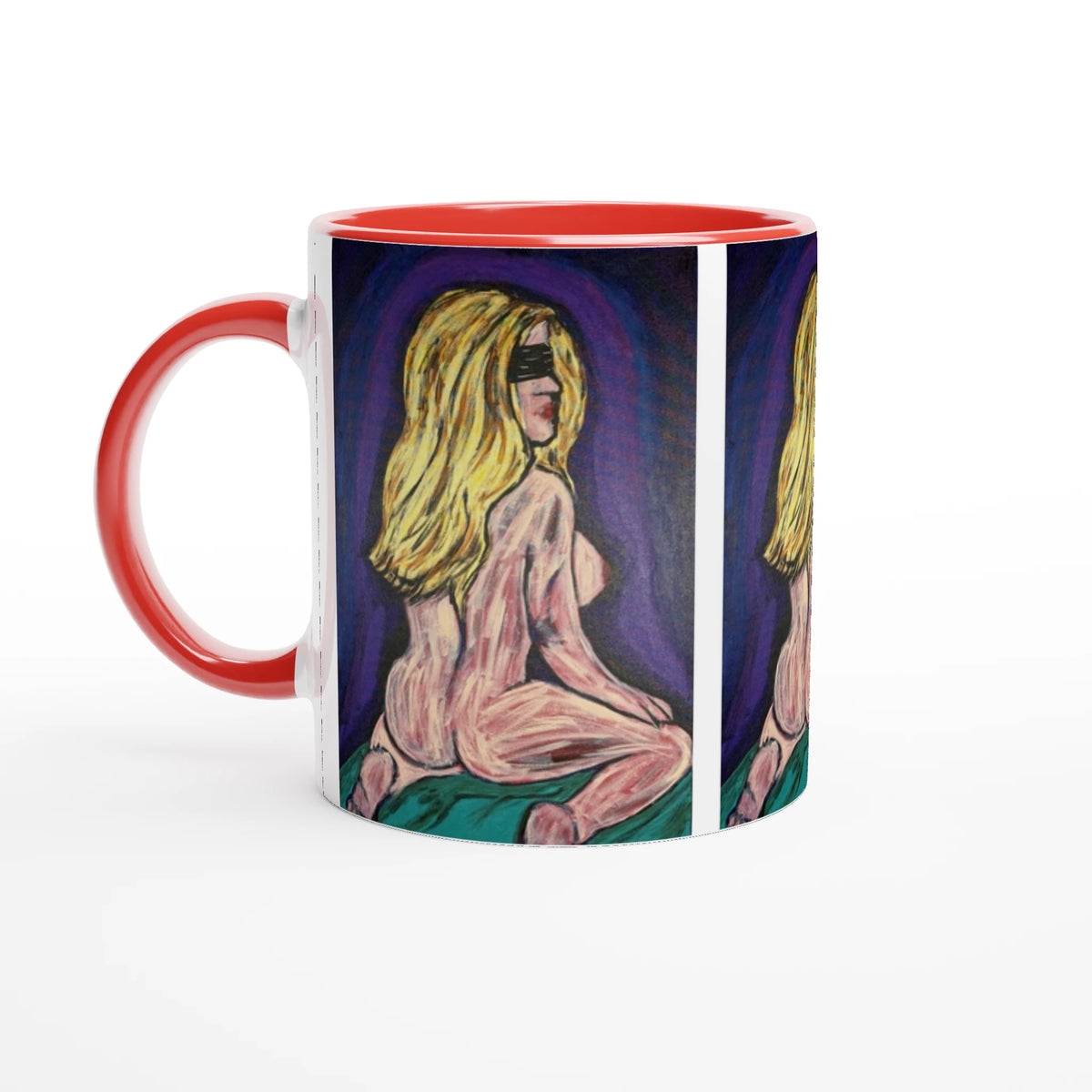 White 11 oz ceramic art mug featuring Johnny X's 'Bellissima — Blinded by Faith' artwork with colored rim, interior and handle