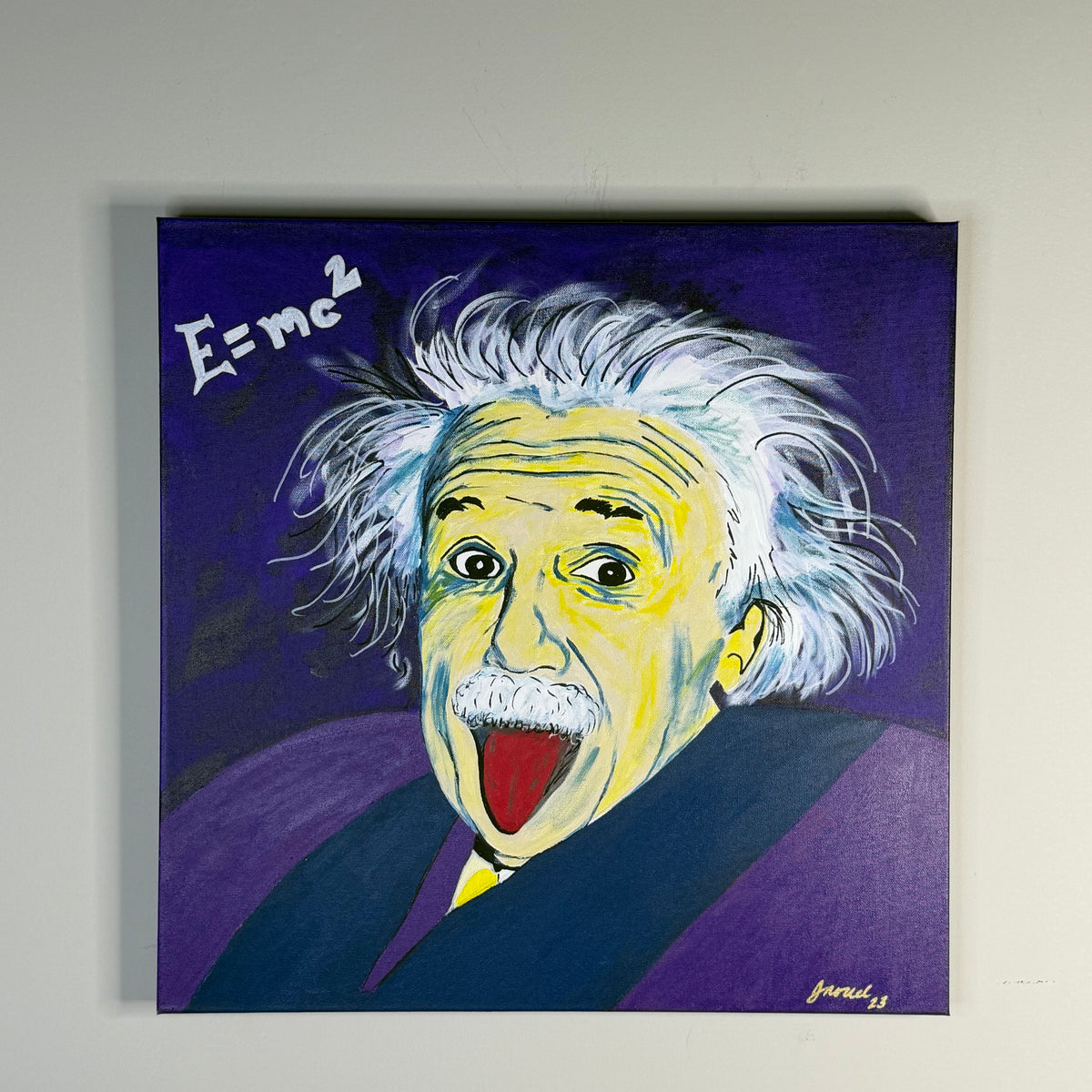 Albert Being Einstein by Johnny X, an early-period portrait of Albert Einstein with wild white hair, wide eyes, and his tongue playfully extended beneath the equation E=mc², painted against a textured deep purple background.