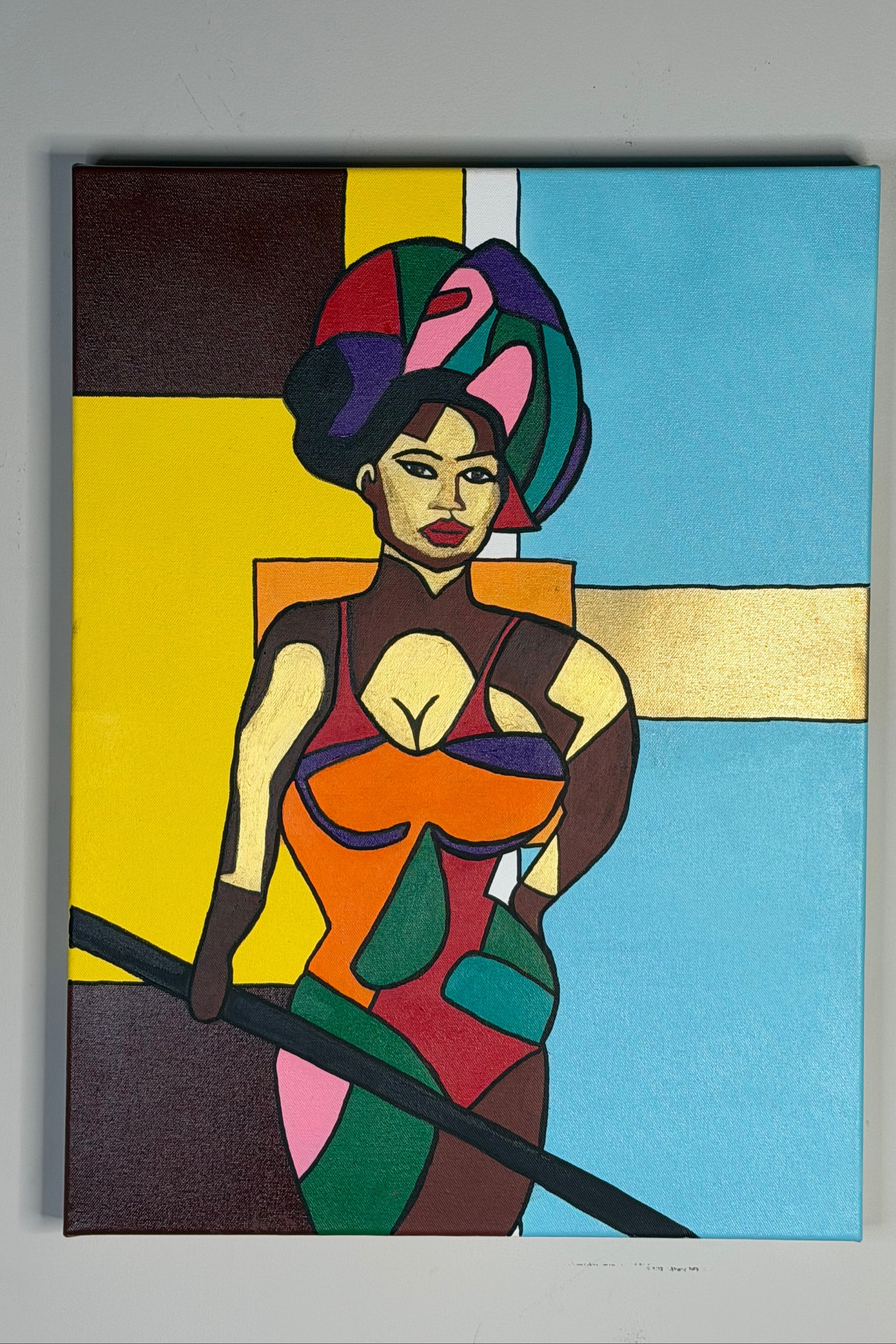 And Her Name Is Shana by Johnny X, a vibrant contemporary portrait of a woman rendered in bold geometric shapes and expressive fields of pink, red, gold, blue, green, and black, celebrating femininity, confidence, sensuality, strength, and inner light.