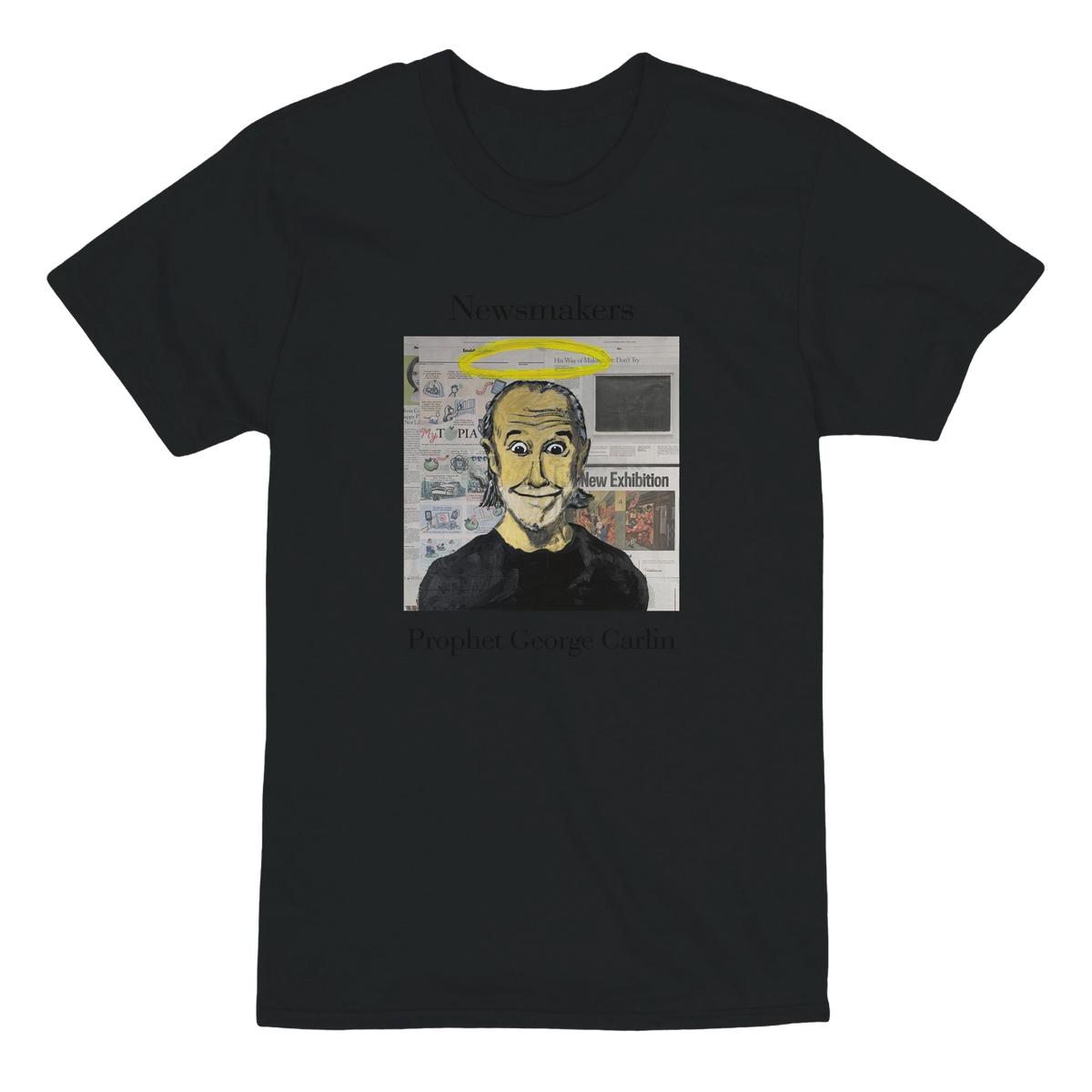 Heavyweight unisex tee featuring Johnny X’s Newsmakers portrait 'Prophet George Carlin' with a halo above the comedian