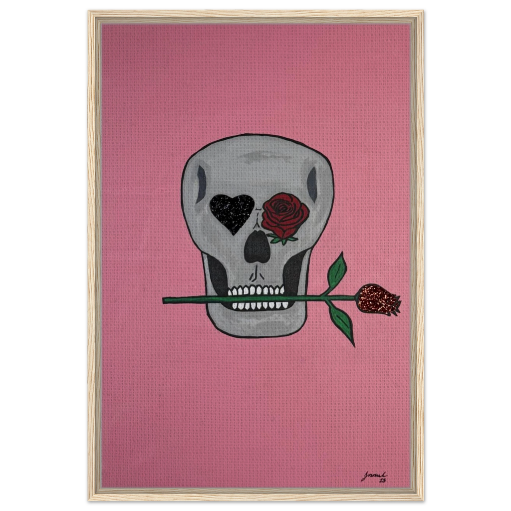 Framed 24×36 Johnny X canvas showing a gray skull on pink field, one eye a black heart, the other a red rose, a rose between its teeth.