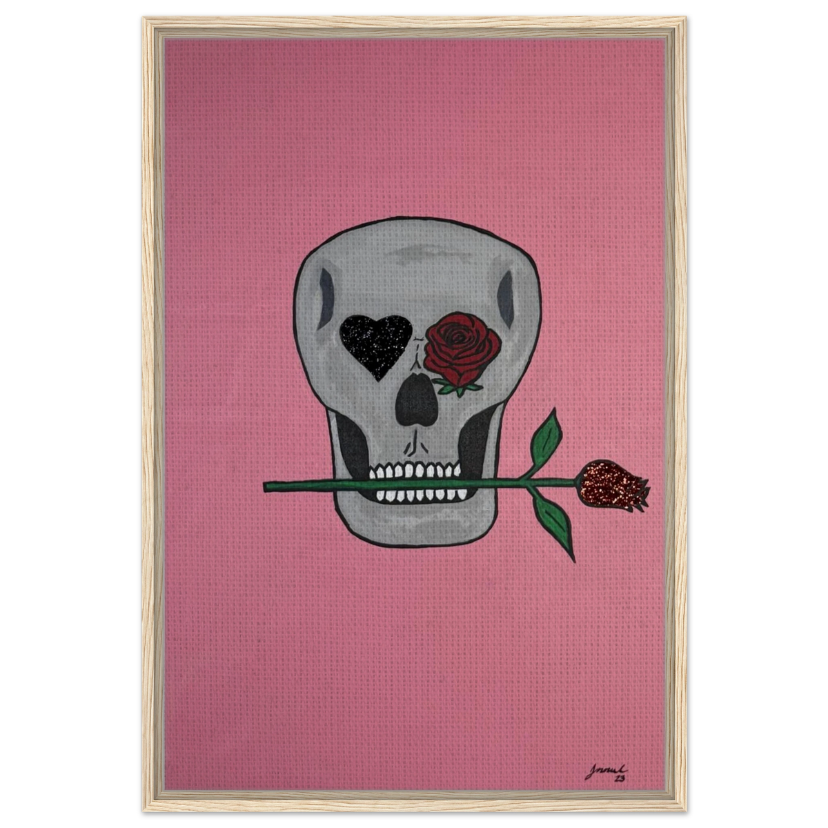 Framed 24×36 Johnny X canvas showing a gray skull on pink field, one eye a black heart, the other a red rose, a rose between its teeth.