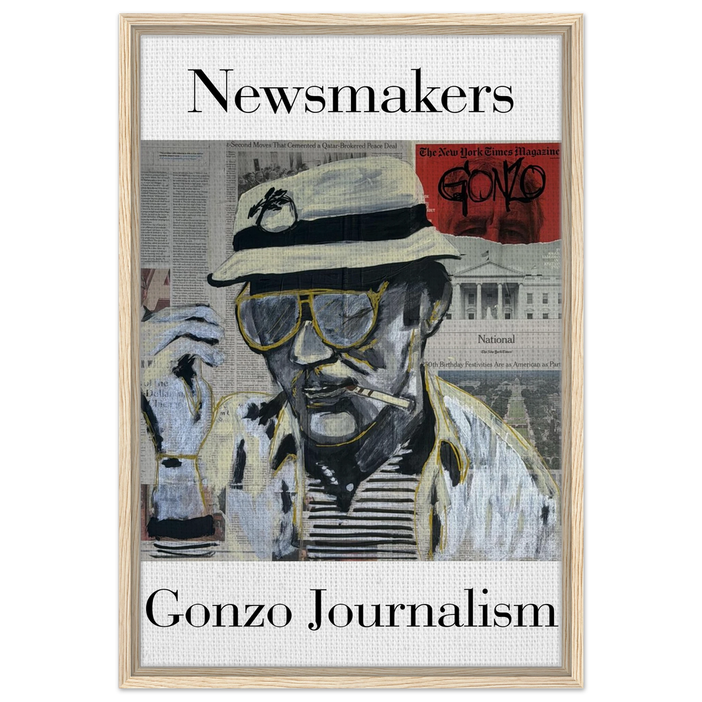 20×30 framed canvas: Thompson in bucket hat and aviators over newspaper collage with black, white and gold brushstrokes.