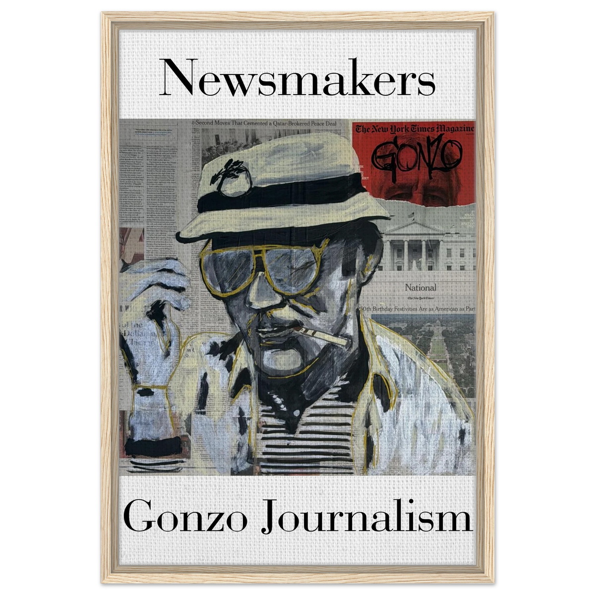 20×30 framed canvas: Thompson in bucket hat and aviators over newspaper collage with black, white and gold brushstrokes.