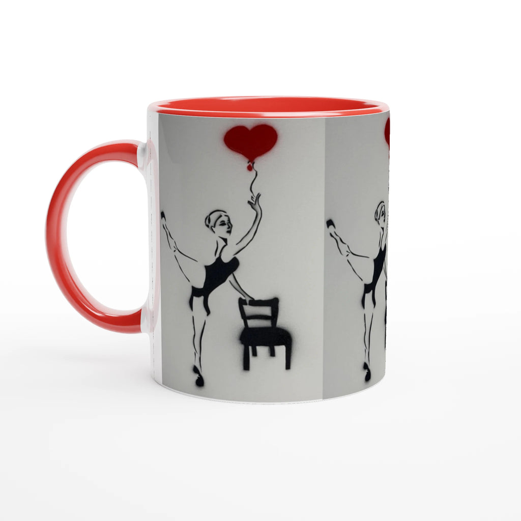 Glossy ceramic art mug showing Johnny X’s Balloon of Love: a daughter reaching for a red heart balloon beside an empty chair