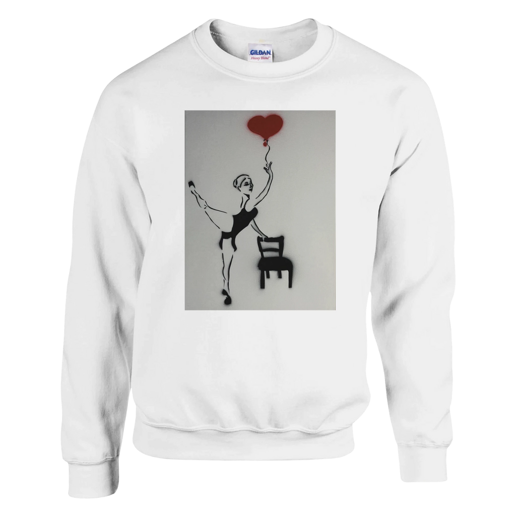 Classic heavy-blend crewneck featuring Johnny X’s Balloon of Love: a ballerina beside an empty chair with a single red heart balloon