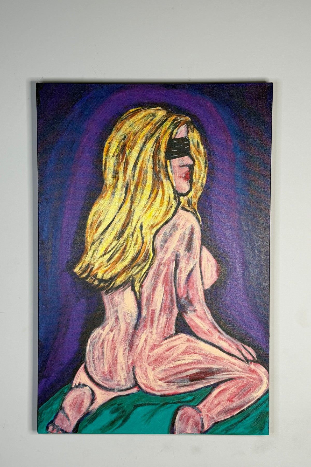 Bellissima — Blinded by Faith by Johnny X, a 24 × 36-inch contemporary portrait of a seated woman with long golden-blonde hair wearing a black blindfold, partially draped in teal fabric against an expressive violet, black, and white background.