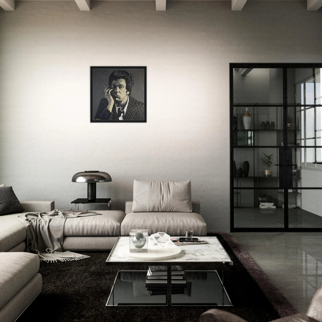 Monochromatic portrait of Billy Joel in black, white and gray on a 24×24 in framed canvas reproduction