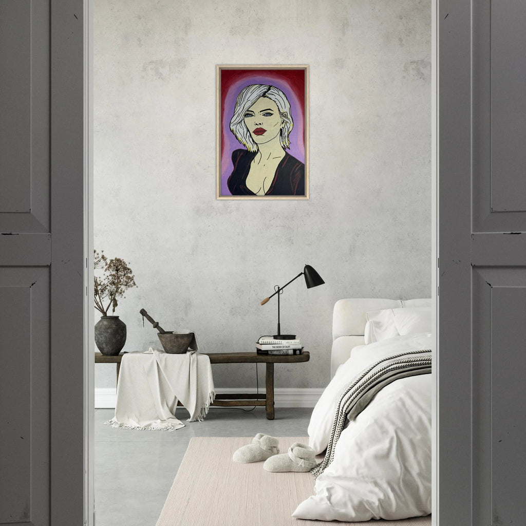Framed canvas reproduction: portrait with platinum hair, piercing blue eyes and red lips against crimson and violet fields