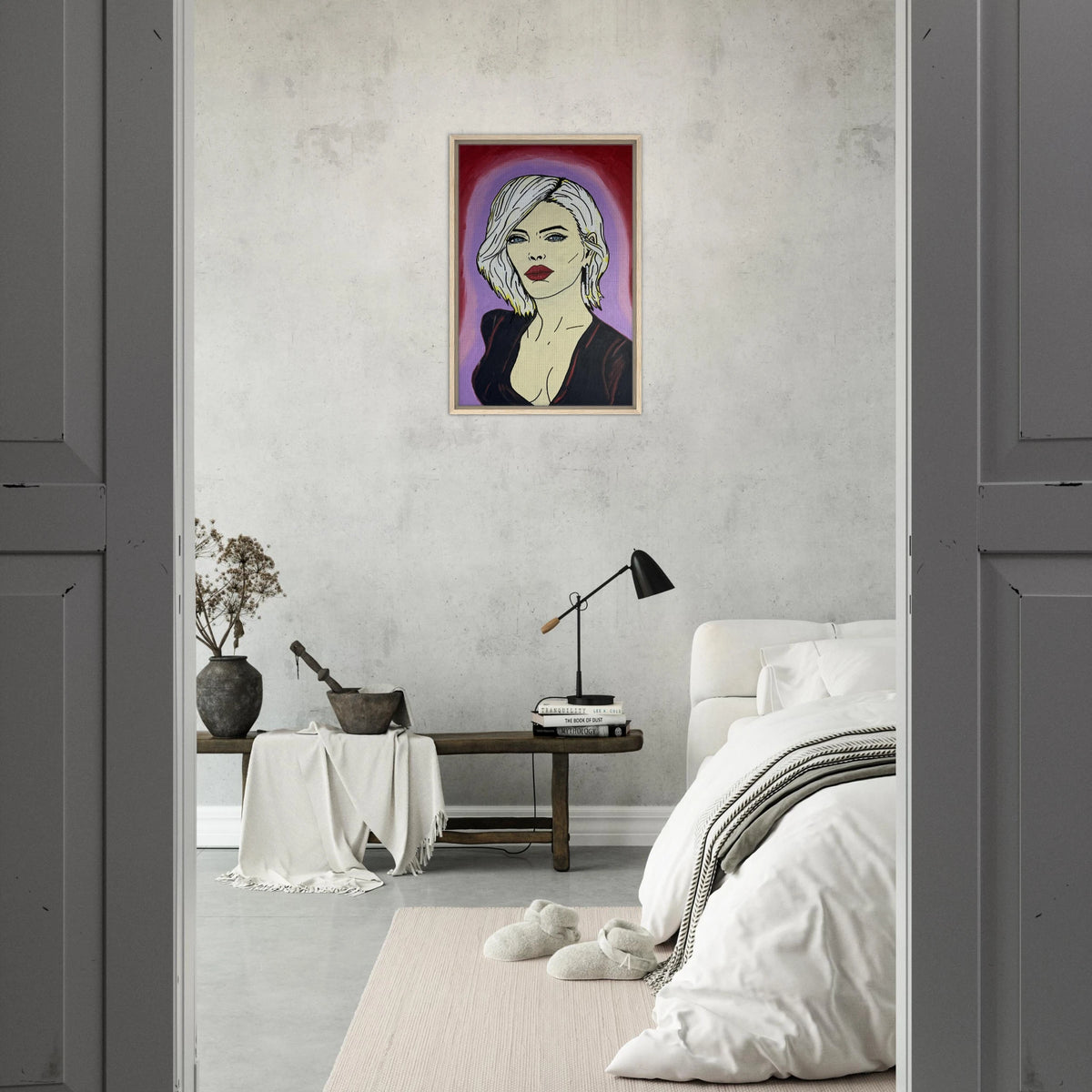 Framed canvas reproduction: portrait with platinum hair, piercing blue eyes and red lips against crimson and violet fields
