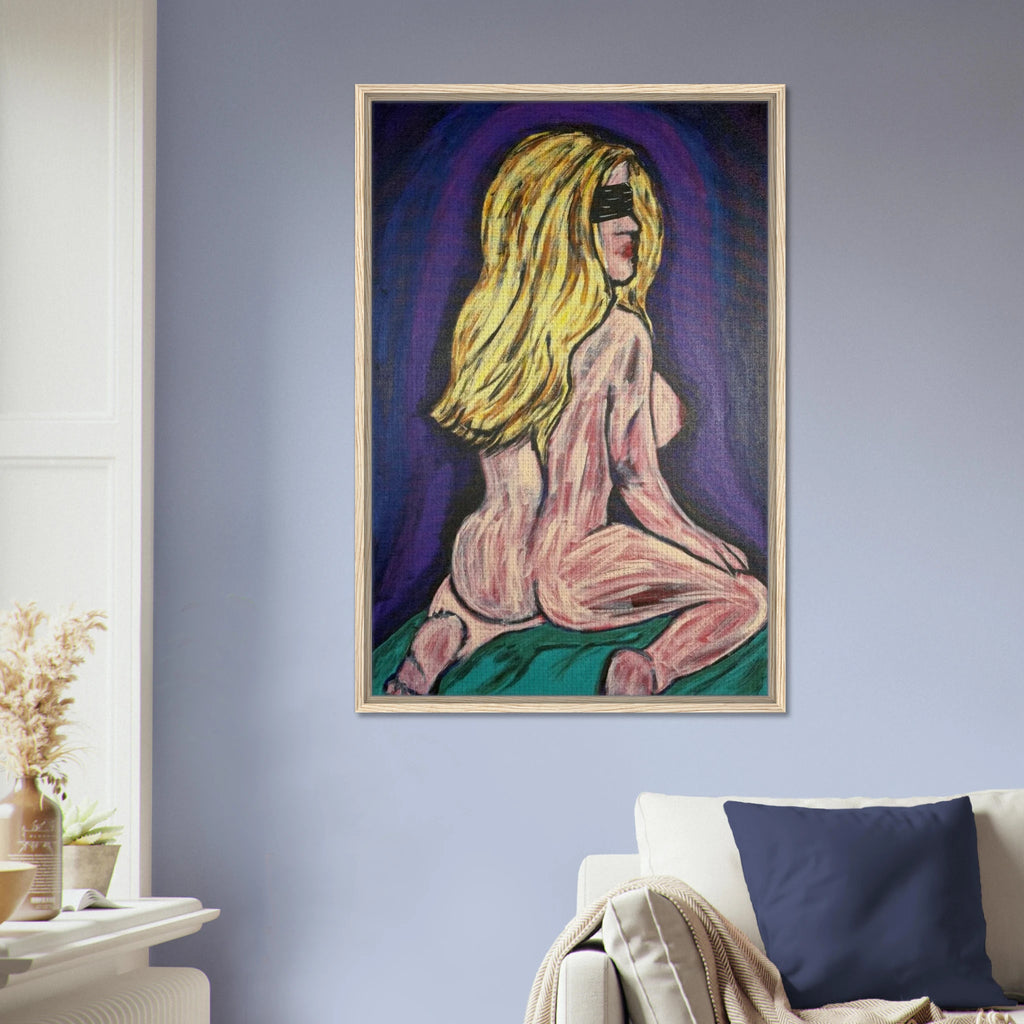 Framed canvas reproduction of Bellissima — Blinded by Faith: a blindfolded woman, exposed and vulnerable, awaiting love beyond darkness.
