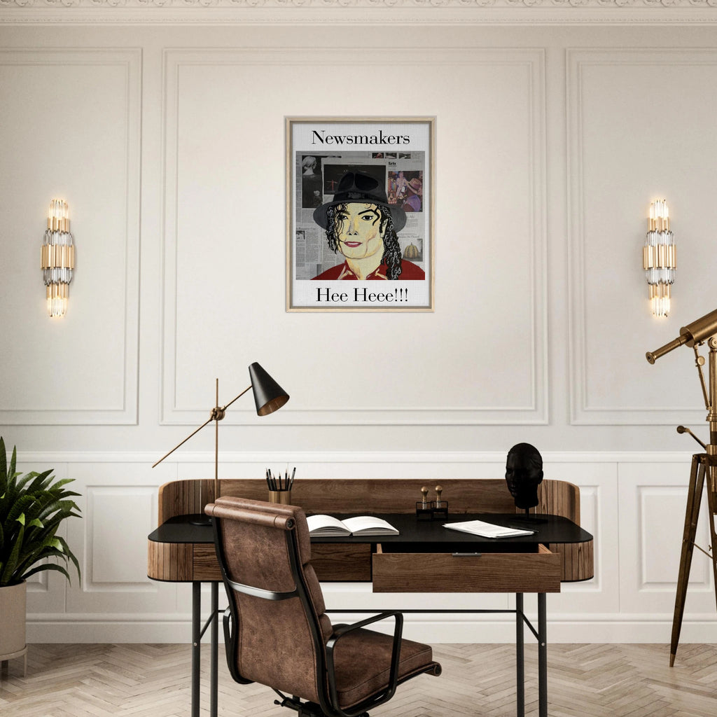 Framed 24 × 32 in. Johnny X 'Hee Heee!!!' canvas: Michael Jackson portrait layered over newspaper textures