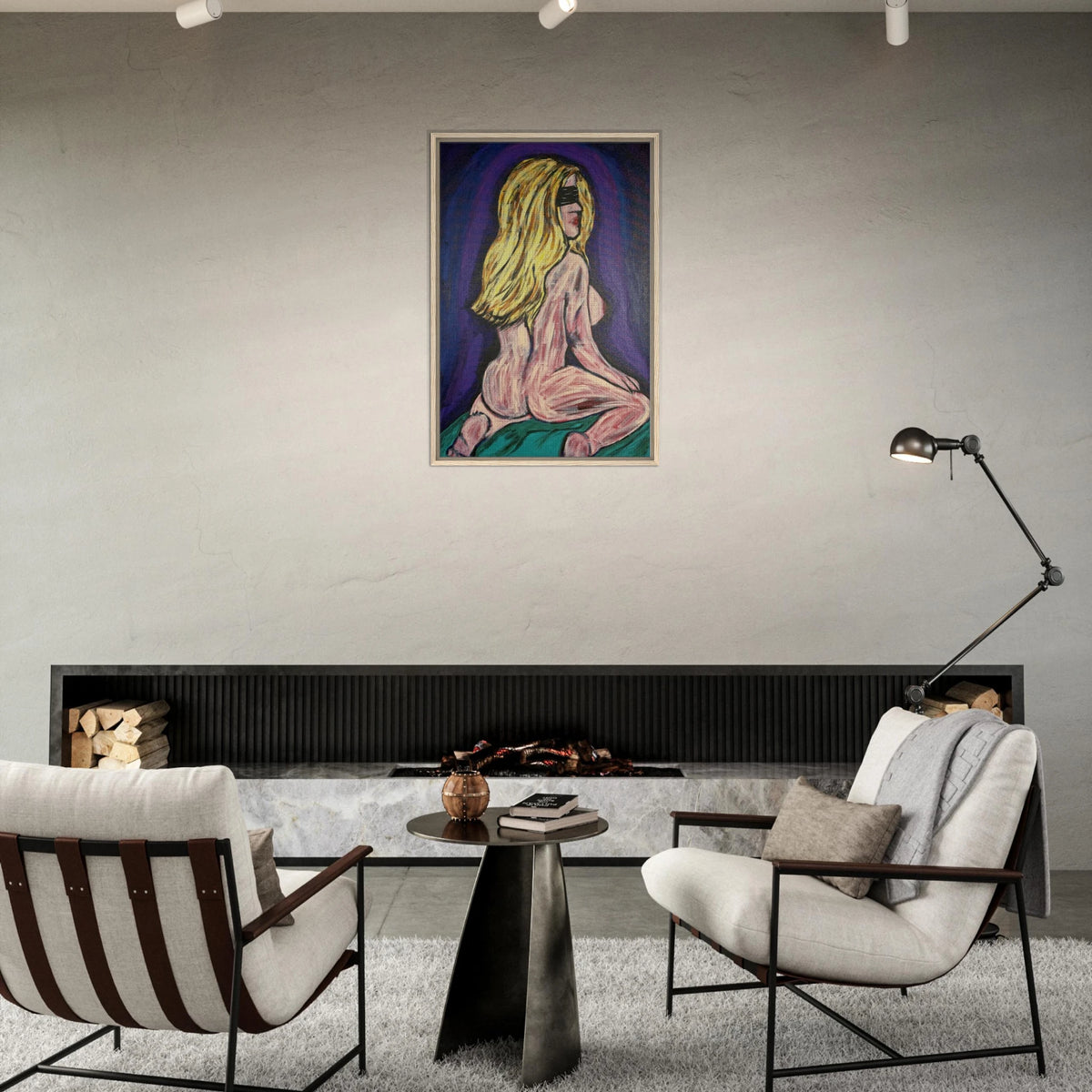 Framed canvas reproduction of Bellissima — Blinded by Faith: a blindfolded woman, exposed and vulnerable, awaiting love beyond darkness.