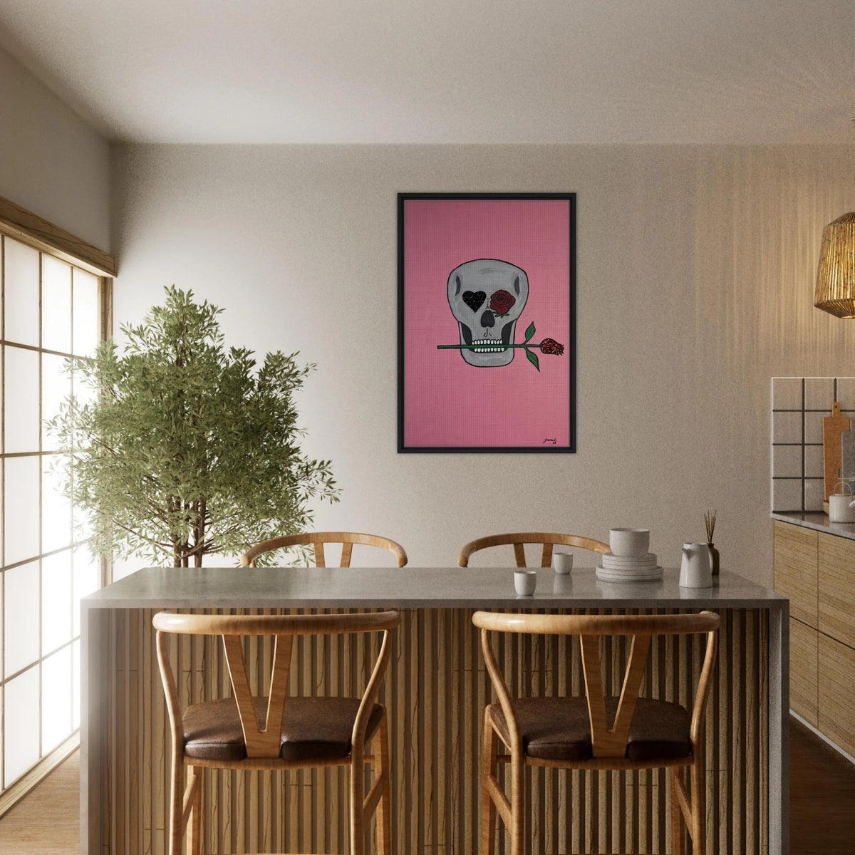 Framed 24×36 Johnny X canvas showing a gray skull on pink field, one eye a black heart, the other a red rose, a rose between its teeth.