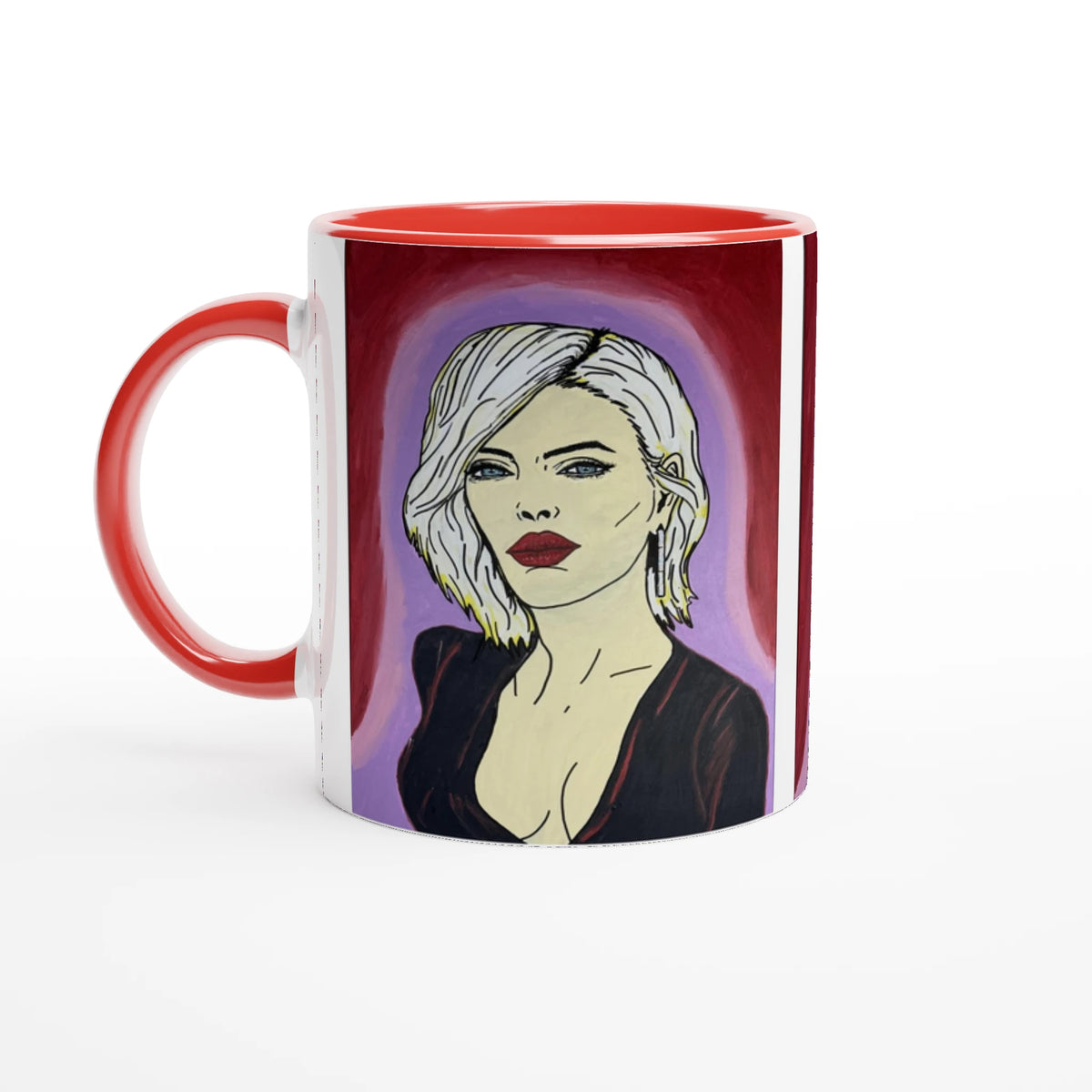 Glossy 11 oz ceramic mug showing Johnny X's The Alchemist — A Muse of the Divine portrait with colored rim, interior and handle