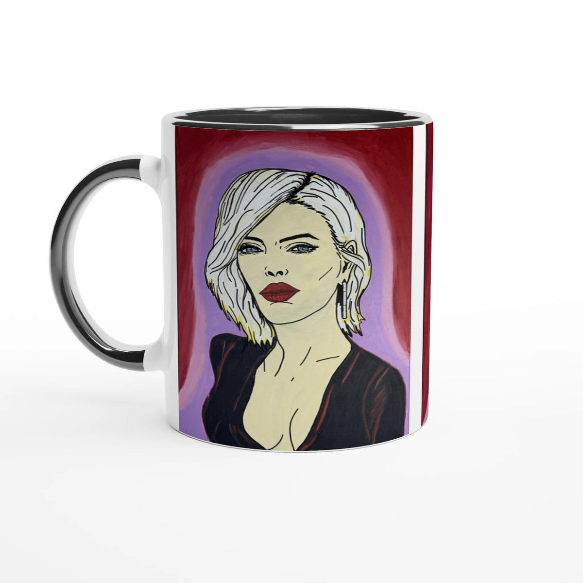 Glossy 11 oz ceramic mug showing Johnny X's The Alchemist — A Muse of the Divine portrait with colored rim, interior and handle