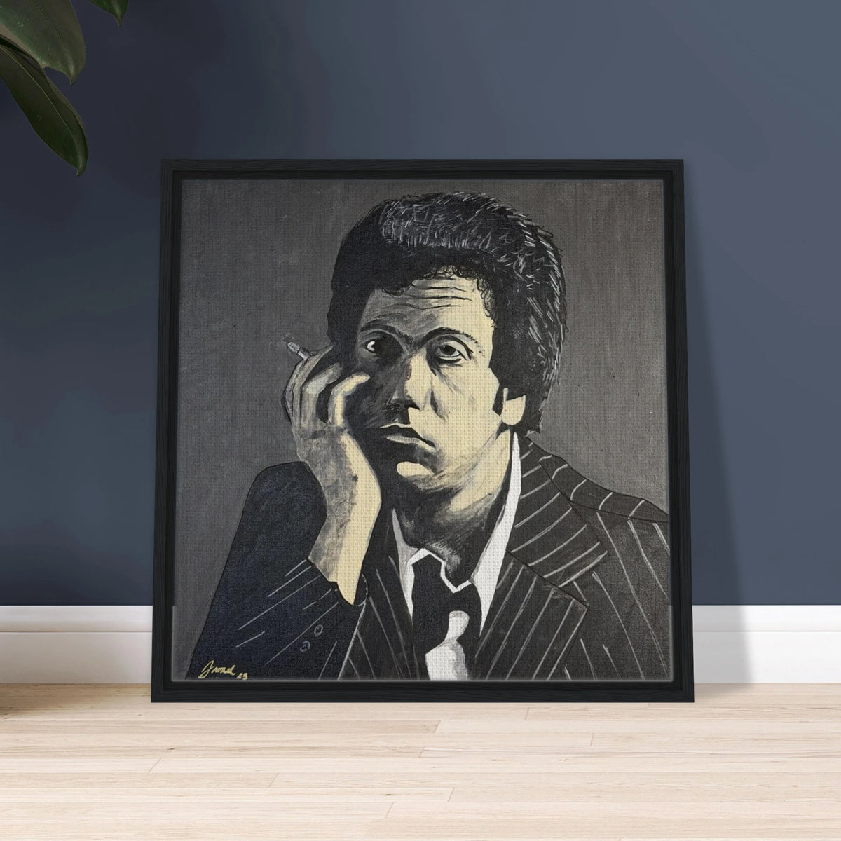 Monochromatic portrait of Billy Joel in black, white and gray on a 24×24 in framed canvas reproduction