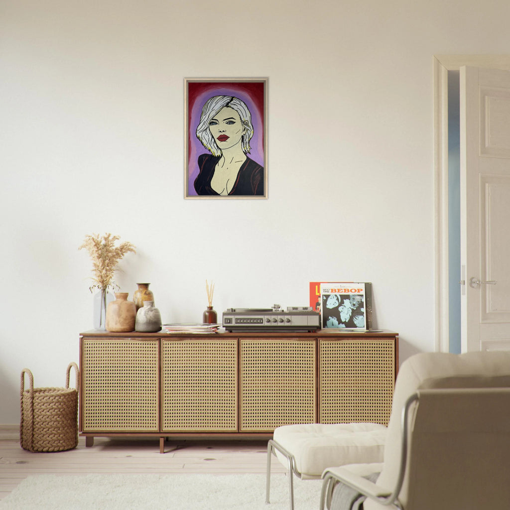 Framed canvas reproduction: portrait with platinum hair, piercing blue eyes and red lips against crimson and violet fields