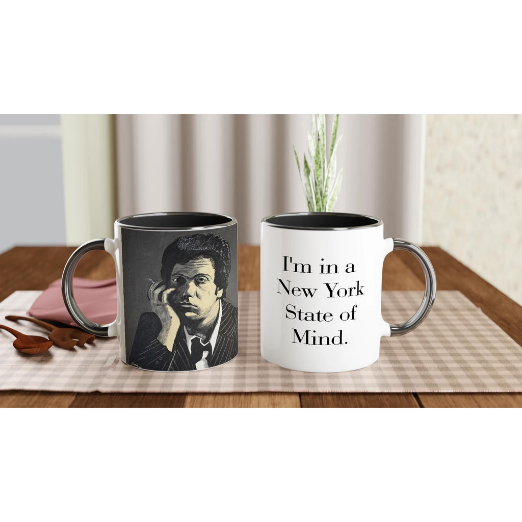 11 oz glossy ceramic mug with Johnny X's monochromatic portrait 'I’m in a New York State of Mind' of Billy Joel