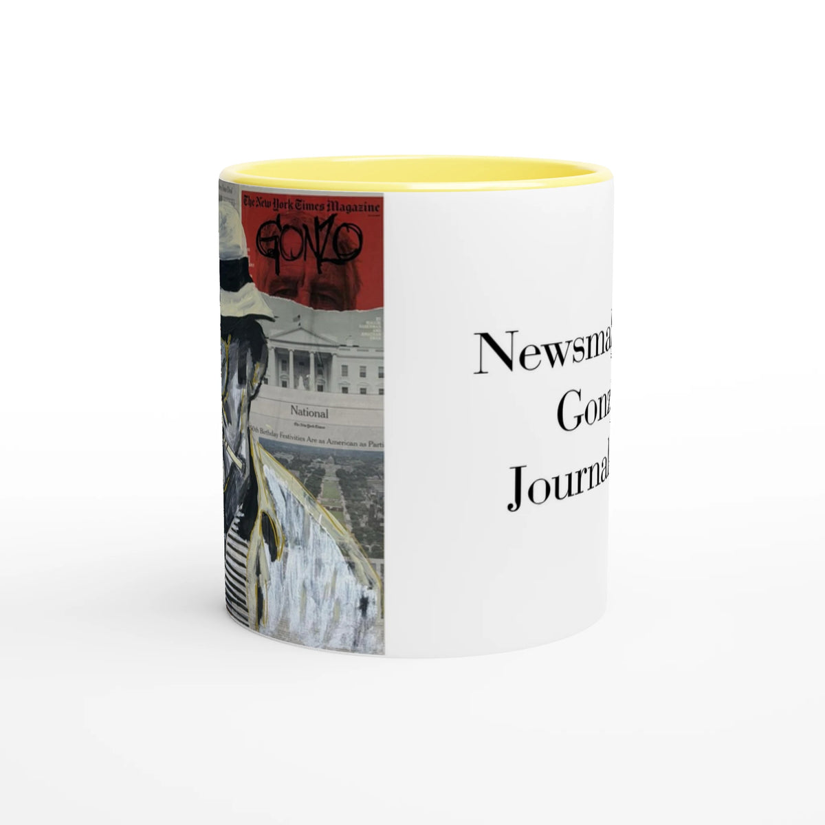 11 oz ceramic mug with Johnny X’s Newsmakers — Gonzo Journalism artwork: Thompson on newspaper pages in black, white and gold