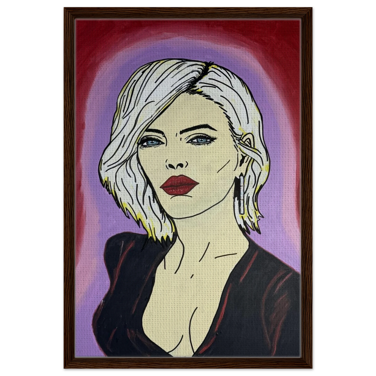 Framed canvas reproduction: portrait with platinum hair, piercing blue eyes and red lips against crimson and violet fields