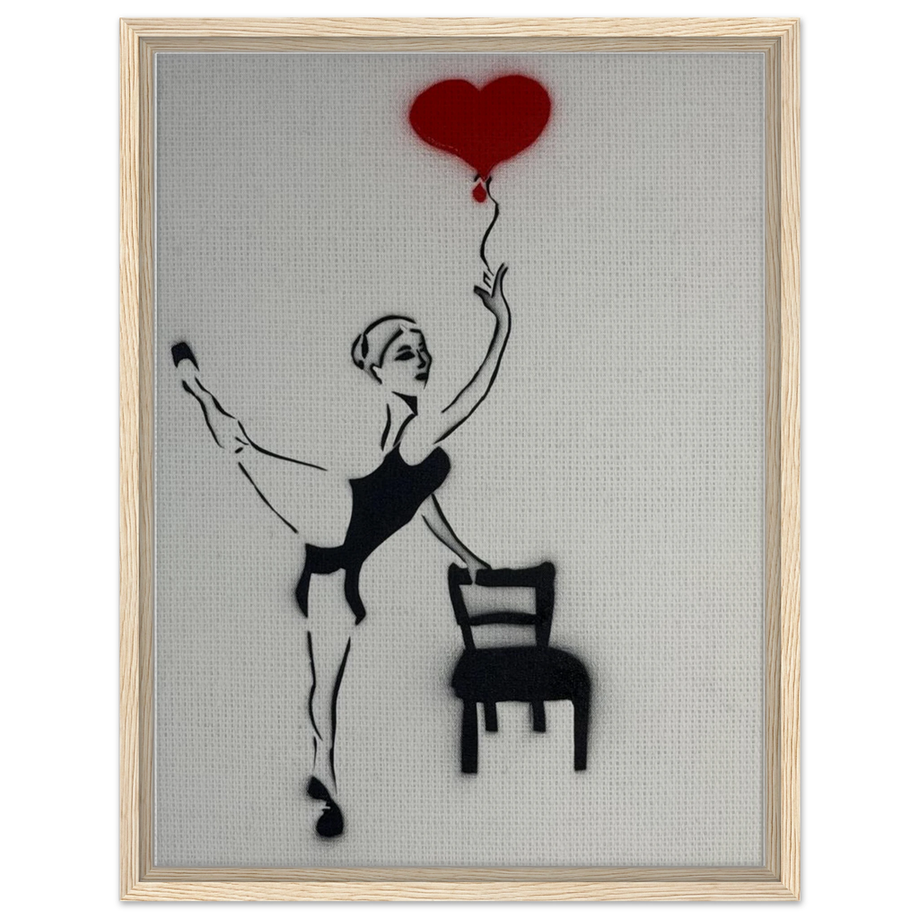 Framed 18×24 canvas reproduction of Balloon of Love: girl on one foot, empty chair, red heart balloon tied to her fingertips.